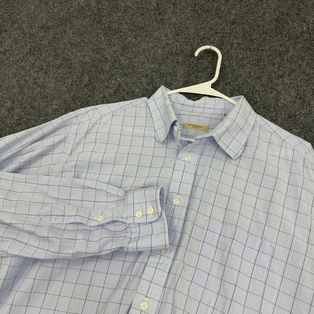 Burberry London Button Down Shirt Mens 17.5 Blue White Plaid‎ Long Sleeve Luxury